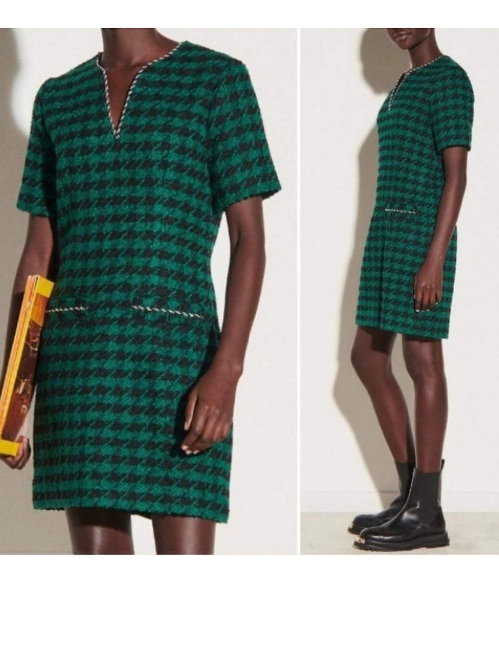 SANDRO Green Houndstooth Short Sleeve Shift Dress with rhinestone trim